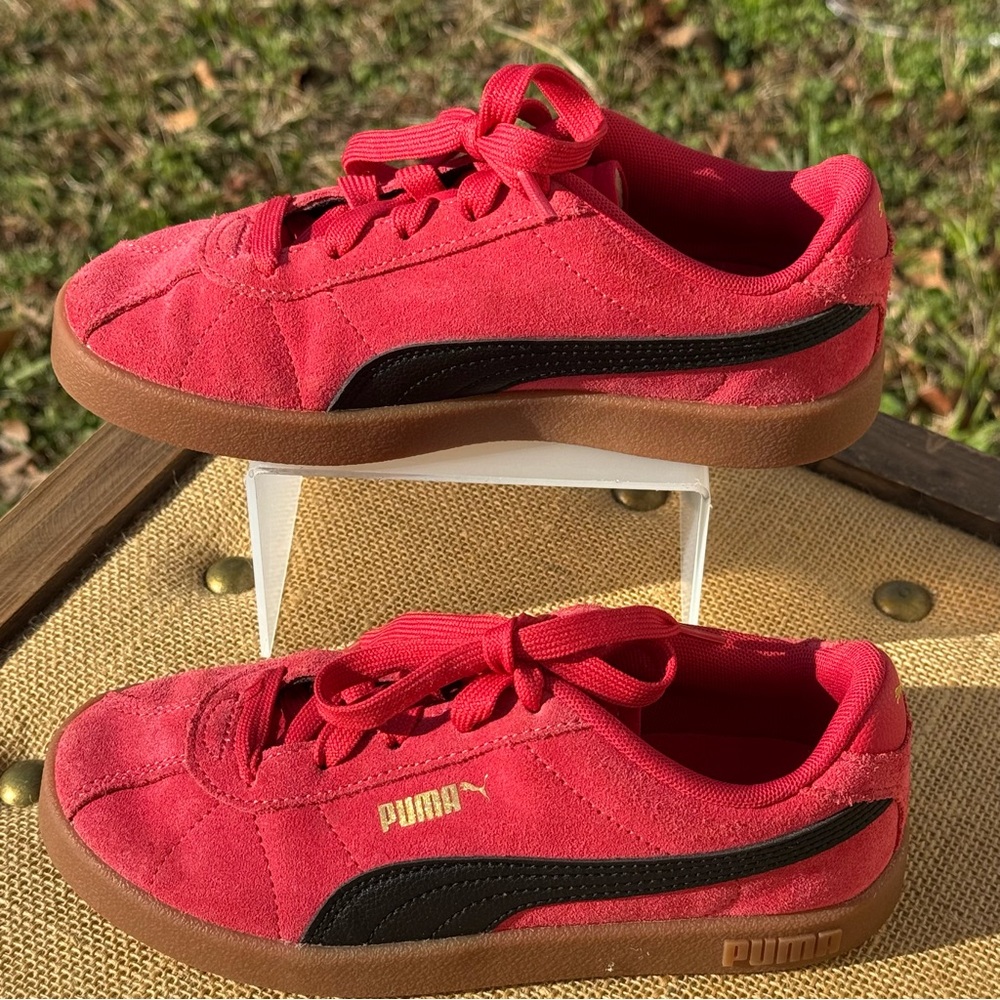 Puma Palermo Kids Sneakers Size (2) Red Pink Suede Black Stripe Gum Sole - Picture 2 of 8